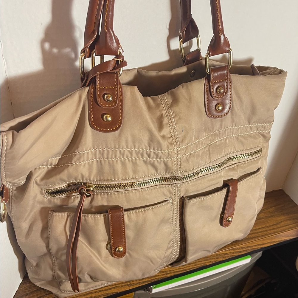 STEVEN….Beige Nylon Tote Bag with Brown Trim - Women's Handbag